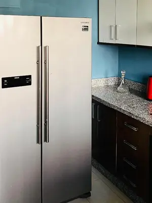 a stainless steel refrigerator in a kitchen at Blanca beach in Sidi Rahal