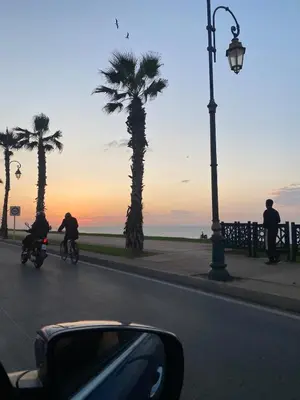 three people riding motorcycles down a street with palm trees at La perle bleu face à la mer Rabat in Rabat