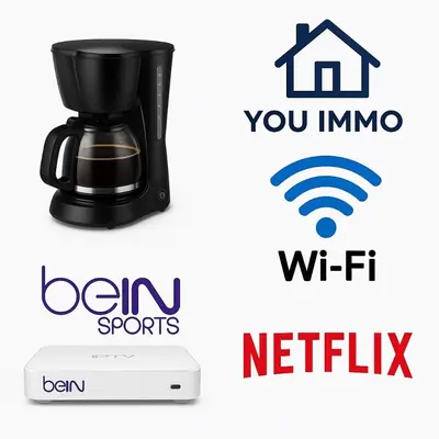 a coffee maker and two logos for a house and wifi at Charming Moroccan apartment ground floor 2 bedrooms 1 living room in Casablanca