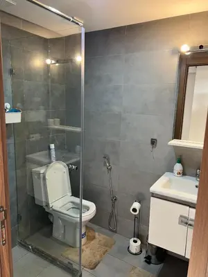 a bathroom with a shower and a toilet and a sink at Luxury 2 bedroom flat in Tamaris Dar Bouazza in Casablanca