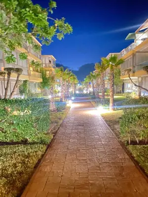 a street with palm trees and buildings at night at Sidi rahal blue beach Cozy apartment with a sea view in Sidi Rahal