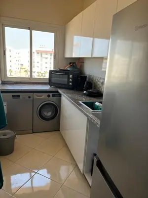 a kitchen with a washer and dryer and a refrigerator at Appartement skhirat in Skhirat