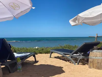 two chairs and an umbrella on the beach at ZS house harhoura in El Harhoura