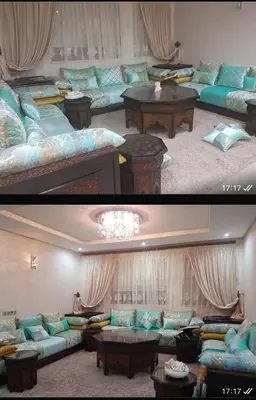 two pictures of a living room with beds and tables at Rabat prestigia hayriad in Rabat