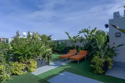 a rooftop garden with chairs and plants on a building at Résidence Claridge Racine in Casablanca