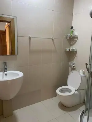 a bathroom with a white toilet and a sink at Melrose beach apartment in Tamaris