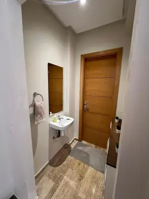 a bathroom with a sink and a wooden door at L'Appart du Carousel in Rabat