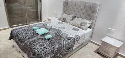 a bedroom with a bed with a gray and white comforter at Appartement Alaa in Mansouria