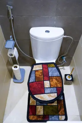 a bathroom with a toilet with a colorful rug on the floor at Charming 2 Bedroom Casavoyageur in Casablanca