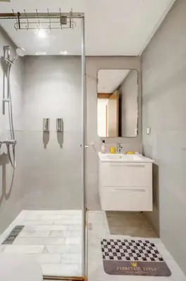 a bathroom with a shower and a sink at Sunshine sea view studio in Casablanca
