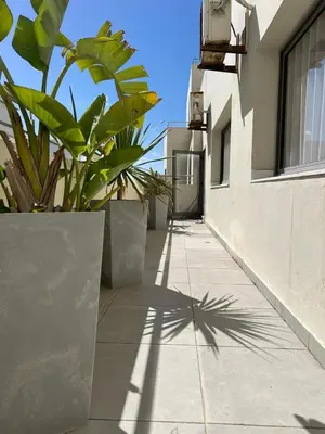 a shadow of a plant on a sidewalk next to a building at Appartement luxueux au bord du mer in Casablanca