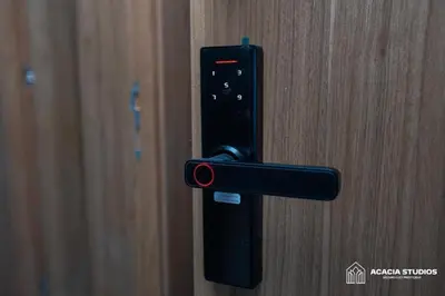 a black door handle on a wooden door at Acacia Studio 05 in Casablanca