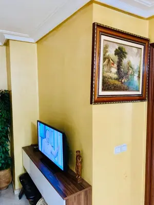 a television on a wall with a picture on the wall at Top Location Apartment City Center 1min Away From Tram Station in Casablanca