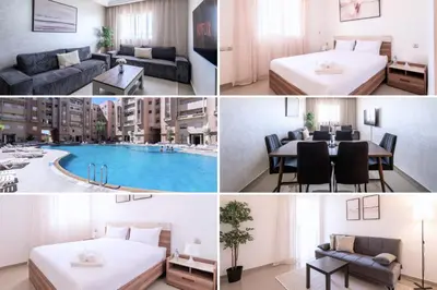 a collage of photos of a hotel room with a pool at Appartement Premium avec Piscine in Mohammedia