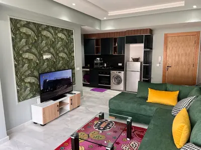a living room with a green couch and a television at Studio de la perle in Casablanca