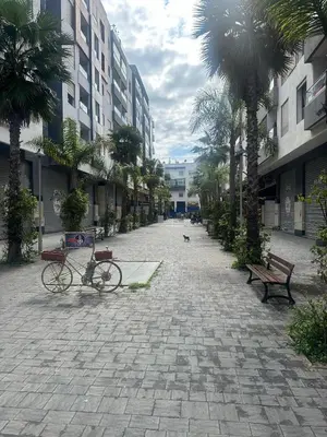 a street with benches and palm trees and buildings at le joyau de Parc Group A imm B in Mohammedia