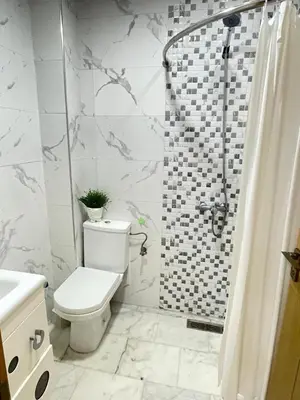 a white bathroom with a toilet and a shower at The Park Apartment in Mohammedia