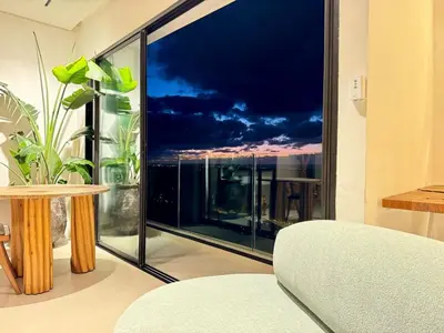 a room with a large window with a view at Unique apartment in Prestigia Hay Riad Rabat in Rabat