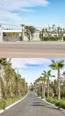 two pictures of a road with palm trees at Villa l'Hermitage in Oulad Mbark
