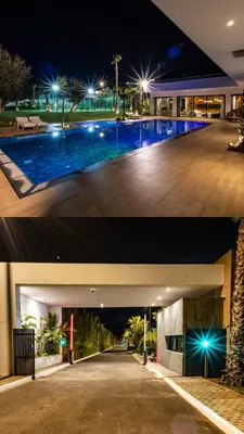 two pictures of a swimming pool at night at Villa l'Hermitage in Oulad Mbark