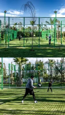 two pictures of a man playing tennis on a tennis court at Villa l'Hermitage in Oulad Mbark