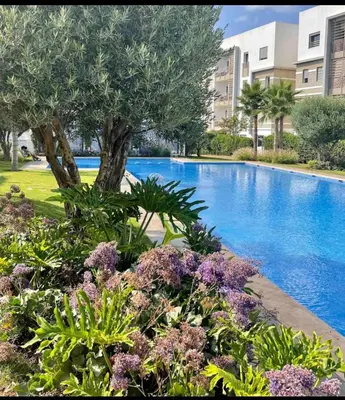 a swimming pool with a tree and some flowers at Résidence fal green bouskoura in Bouskoura