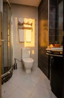 a bathroom with a toilet and a shower and towels at 1BR - Casa Voyageurs - Belvedere in Maarif