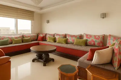 a living room with a couch and a table at Casablanca in panoramic mode in Casablanca