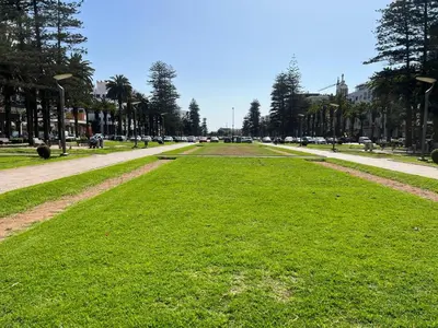 a park with green grass and trees and a street at Parc mohammedia in Mohammedia