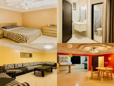 three different pictures of a bedroom and a living room at familly house in Tamaris