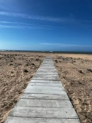 a wooden path on a beach with a blue sky at Villa Blanca - by Nero in Sidi Rahal