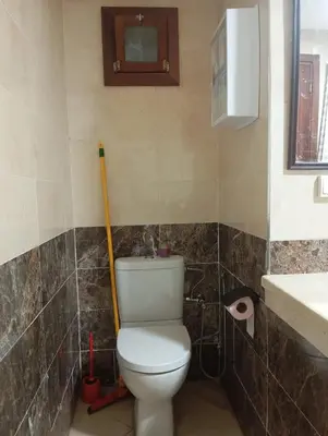 a bathroom with a toilet and a mop and a sink at Elegant apartment in Rabat in Rabat