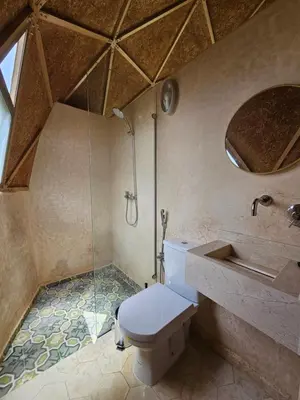 a bathroom with a shower and a toilet and a sink at Bougainvilla Guesthouse in Sidi Moussa Ben Ali