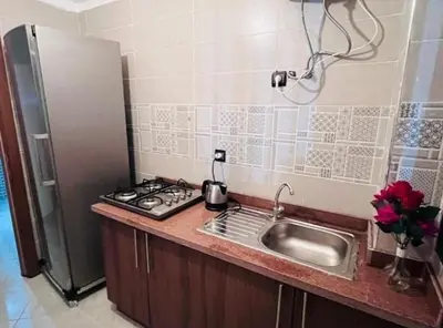 a kitchen with a sink and a refrigerator at En face hôpital M6,Proche Aéroport et nearchore in Oulad Akkou