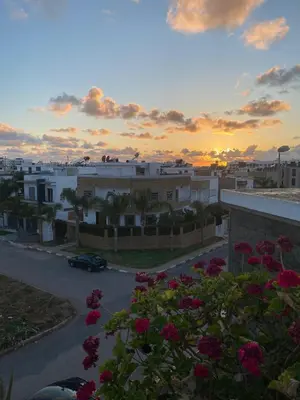a view of a city at sunset with flowers at coastal charm harhoura in Temara