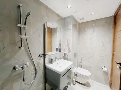 a bathroom with a shower and a sink and a toilet at Cosy Central Appart in Casablanca Best Location in Maarif