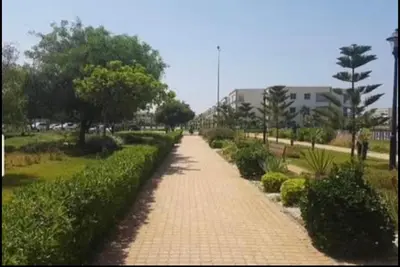 a brick path in a park with trees and bushes at appartement ola blanca 2 in Dar Hamida