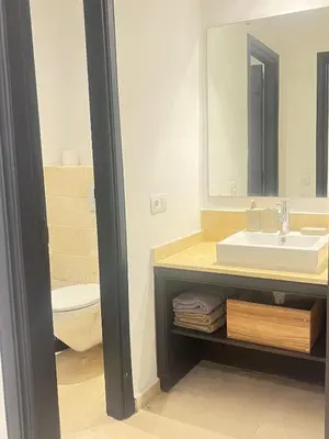 a bathroom with a sink and a toilet and a mirror at Appartamento Narjis in Casablanca