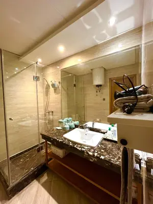 a bathroom with a sink and a shower at Seaside appartment with private pool in Tamaris