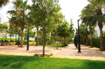 a park with palm trees and a sidewalk at Villa 130 Spacieuse 4 chambres dar bouazza proche plage in Casablanca