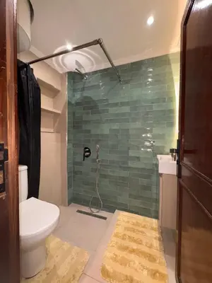 a bathroom with a toilet and a shower with green tiles at 3 Bedrooms and Room Balcony in Central Casablanca in Casablanca