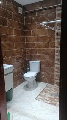 a bathroom with a toilet and a brick wall at 50m RDC aliace darna louizia in Mohammedia