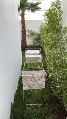 a metal cart sitting in the grass next to a palm tree at Seaside escape beautiful garden apartment in Sidi Rahal