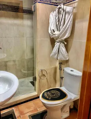 a bathroom with a shower and a toilet and a sink at Appartement du luxe au cœur du Golf in Bouznika