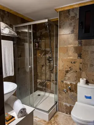 a bathroom with a shower with a toilet and a sink at Family apartment with balcony and Netflix in Temara