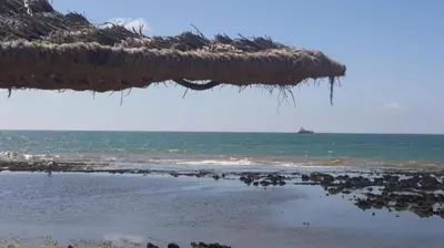 a beach with a straw roof and the ocean at Appartement de luxe avec piscine à Mansouria in Mansouria