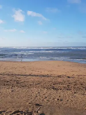 a person standing on a beach near the ocean at Appartement avec Terrasse, Piscine & Plage à Ola Blanca 2 in Sidi Rahal
