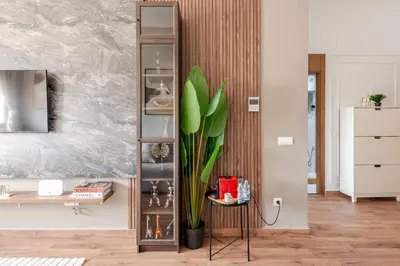 a room with a book shelf with a plant in it at Cozy studio 5 min Casa port Parking Netflix in Casablanca