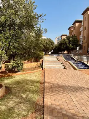 a set of steps with blue benches and trees at Casa Amy in Mohammedia