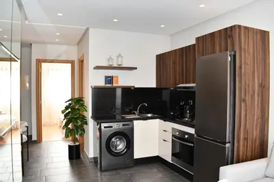 a kitchen with a black refrigerator and a dishwasher at Elegant Apartment with City View in Casablanca